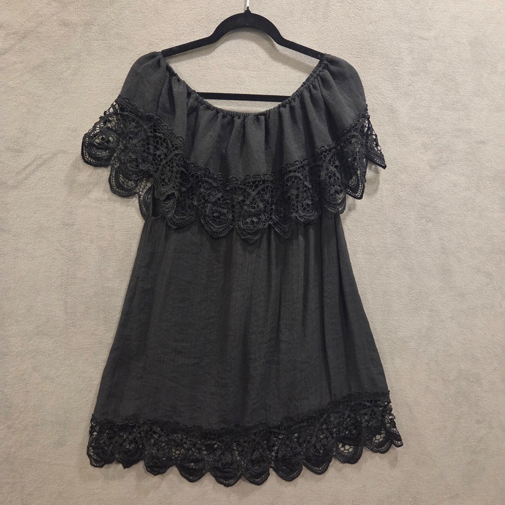 Boho Crochet Lace‎ Trim Off-Shoulder Dress Women's One Size Peasant Hippie - Picture 2 of 5